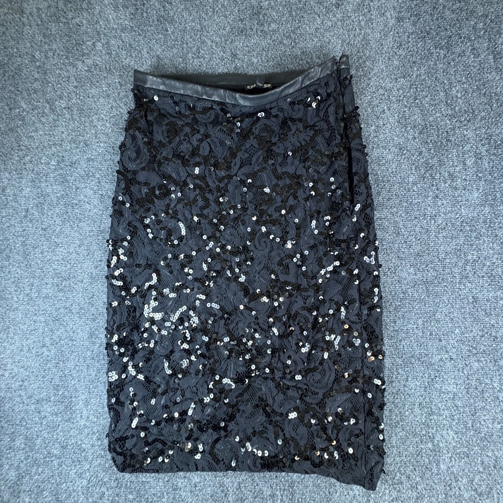 Express Midi Skirt Womens 30x25 Black Nylon Printed Sequin High Waisted Side Zip